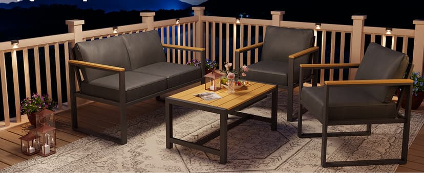 Pamapic 4 Pieces Outdoor Patio Furniture Set, Modern Metal Balcony Furniture with Plastic-Wood Coffee Table, All-Weather Patio Conversation Set with Thick Cushion for Balcony, Porch, Gray