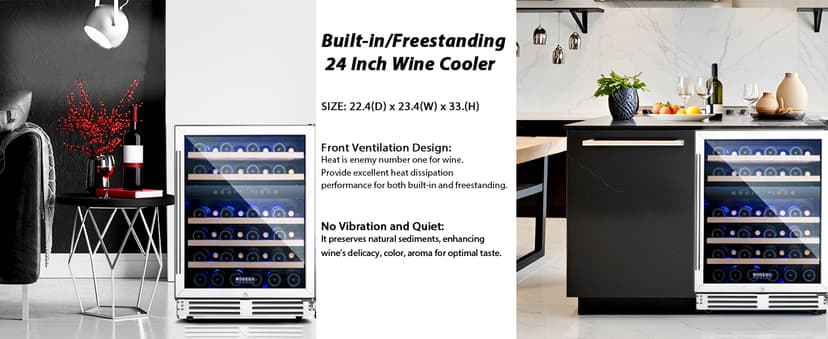 BODEGA 24 Inch Wine Cooler Refrigerator, 46 Bottle Dual Zone Wine Fridge with Double-Layer Tempered Glass Door,wine refrigerator with Temperature Memory Function, Built-in or Freestanding wine cooler.