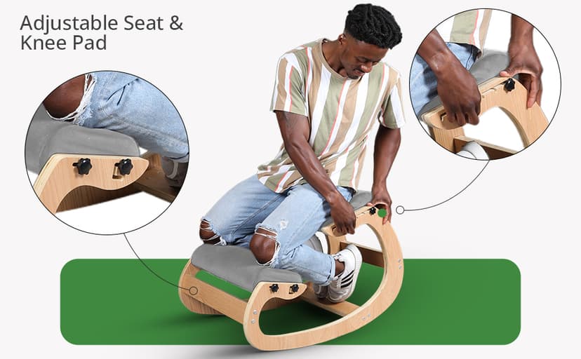 Ergonomic Kneeling Chair, Adjustable Seat - Office Chair for Desk, Posture Corrector, Premium Comfort Cushion, Wooden Rocking Knee Chair (Grey)