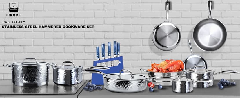 imarku Pots and Pans Set, 14PCS Kitchen Cookware Sets Tri-Ply Clad Stainless Steel with Hangered Handle and Lids, Suits Ceramic and Induction, Oven and Dishwasher Safe, Best Gifts for Women Man