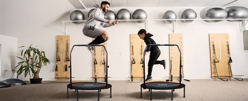 RAVS Mini Trampoline for Kids Adults 40"/48" Foldable Fitness Rebounder Kids Trampoline with 5 Levels Height Adjustable Handle Resistance Bands Indoor Workout