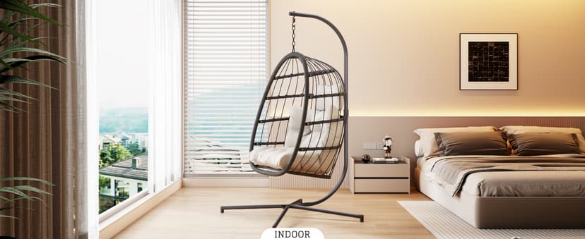 HWB Hanging Egg Chair with Stand, Patio Wicker Hammock Egg Swing Chair with Cushion for Bedroom Garden Indoor Outdoor (Beige)