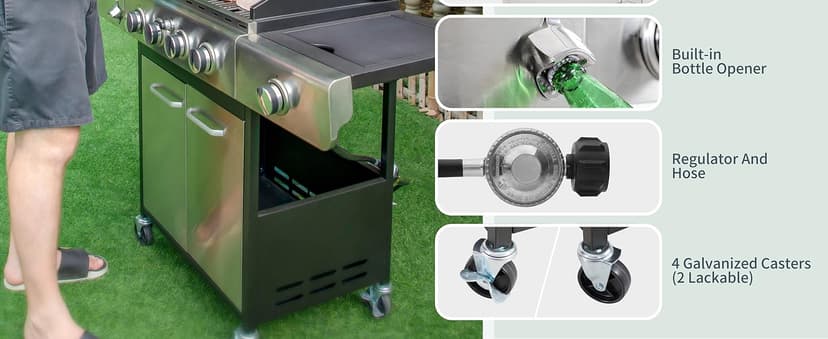 Captiva Designs 4-Burner Propane Gas BBQ Grill with Side Burner & Porcelain-Enameled Cast Iron Grates, 42,000 BTU Output Stainless Steel Grill for Outdoor Cooking Kitchen and Patio Backyard Barbecue