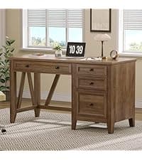 56" Large Modern Executive Desk, Farmhouse Computer Desk with File Drawers, Wood Home Office Desks with Charging Station, Adjustable Shelf, Storage Cabinet, for Writing Work Study (Black)