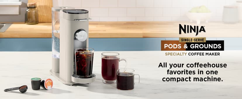 Ninja Pods & Grounds Single-Serve Coffee Maker, K-Cup Pod Compatible, Brews Grounds, Compact Design, 56-oz. Reservoir, 6-oz. Cup to 24-oz. Travel Mug Brew Sizes, Iced Coffee Maker, Stone, PB041ST