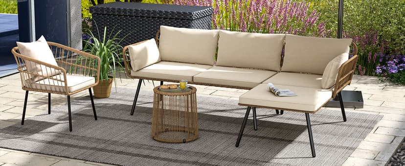 DWVO Patio Furniture Set 3 Piece Outdoor Wicker Conversation Set with Detachable Cushions and Coffee Table L-Shaped Sectional Sofa Set Outdoor Furniture Set for Backyard Porch Deck - Beige