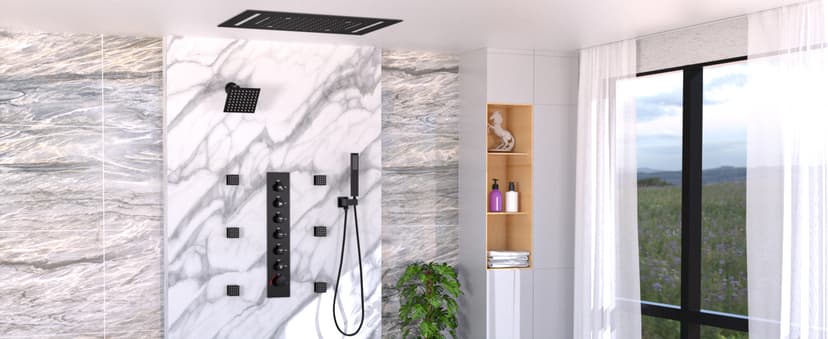 HOMEDEC Double Shower Heads Full Body Shower System with 6pcs Body Jets, 3-in-1 Function 14x20inch and 6inch Showerheads, Rainfall Shower System, Black