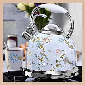 Laura Ashley Elveden White Stovetop Kettle with Whistle - 2.5L Fast Boil Stainless Steel Kettle Stove Top - Silicon Coated Cool Handle Camping Kettle for Gas, Induction Hob - Compatible with Aga Stove