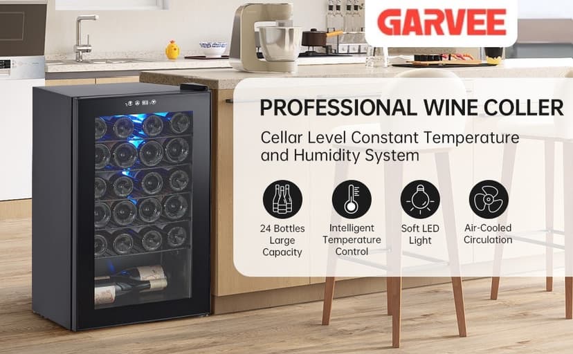 Garvee Wine Fridge 24 Bottle, Wine Cooler Refrigerator with 40~61°F Digital Temperature Control, Freestanding Wine Cellar for Red White Wine, Champagne, Beer with Blue Interior Light (24 Bottles)