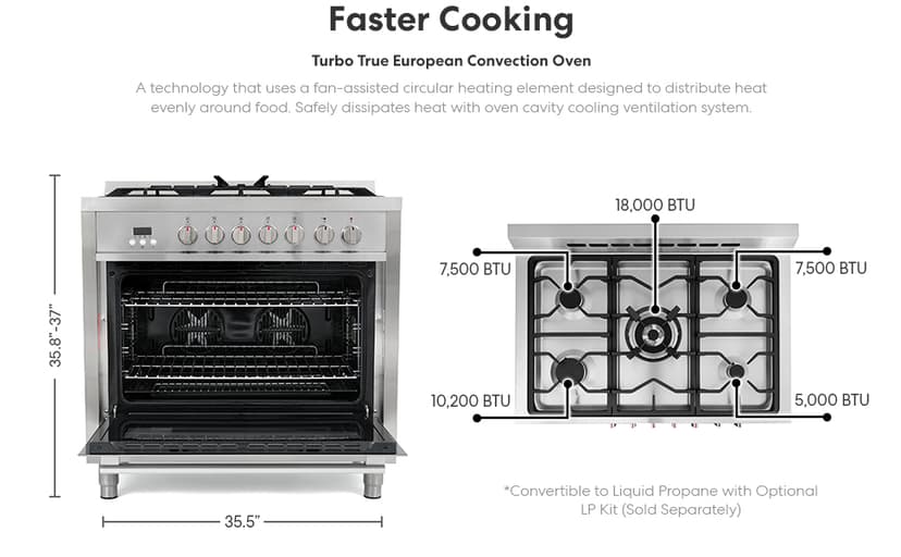COSMO F965 36 in. Stellar Collection 3.8 cu. ft. Dual Fuel Range, 5 Sealed Burners, 8 Function Convection Oven in Stainless Steel
