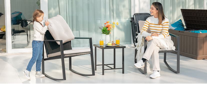 Devoko 3 Piece Rocking Bistro Set Wicker Patio Outdoor Furniture Porch Chairs Conversation Sets with Glass Coffee Table (Beige)