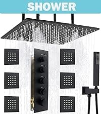 HOMEDEC 12inch Rain Shower System with Full Body Jets Sprays, Ceiling LED Brass Shower Faucet Set with 3 Functions Thermostatic Valve, Can Use All Function At Once