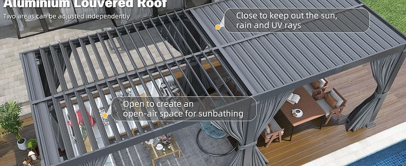 Pergola 10x20 Ft Louvered Pergola Aluminum Outdoor Pergolas W/Adjustable Roof, Waterproof Curtains and Nets Outdoor Gazebo for Deck,Patio,Backyard and Garden