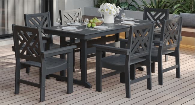 7-Piece Outdoor Dining Set, HDPE All-Weather Patio Table and Chairs Set for 6, Outdoor Patio Furniture Sets with Umbrella Hole for Outside, Deck, Backyard, Garden (Black)