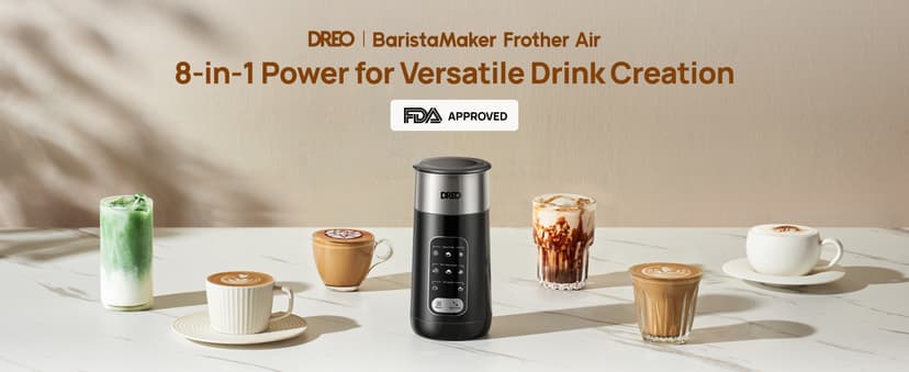 Dreo Milk Frother, 8-in-1 Electric Frother for Latte Art Coffee, 9oz/270ml Warm and Cold Foam Automatic Frothers for Dairy and Non-Dairy Milk, LED, Easy to Clean, BaristaMaker Air