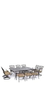 Hanover Traditions Set with 6 Swivel Rocker Chairs, Tan Cushions and Large 38"x72" Dining Table, Outdoor Dining Set for 6