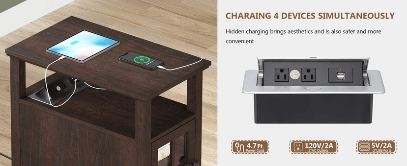 HIFYOBRO Narrow End Table with Flip Top Charging Station, Adjustable Shelf, Type-C & USB Port & Power Outlets, Side Table with Storage for Living Room/Bedroom/Home Office