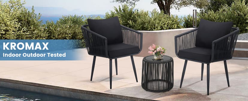 Kromax 3 Pieces Patio Rattan Bistro Conversation Set, Outdoor All-Weather Wicker Furniture Chairs and Side Table Set Ideal for Balcony, Porch and Backyard, Black