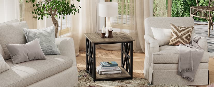 GreenForest End Table with 2-Tier Storage Shelf, 24 inch Large Side Table for Living Room,Modern Nightstand for Bedroom Bedside Office Farmhouse, Grey Wash