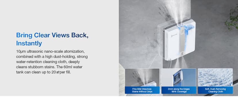 ECOVACS WINBOT Mini Window Cleaning Robot - Compact Design, Dual Nozzles with Ultrasonic Spray, 9-Stage Protection System, Intelligent Path Planning, 3 Cleaning Modes, Anti-Slipping System