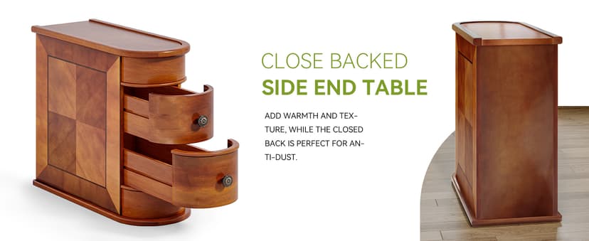 LITTLE TREE Wood End Table with 2 Drawers Sofa Side Table, No Assembly Required Vintage Slim Nightstand Bedside Table for Bedroom