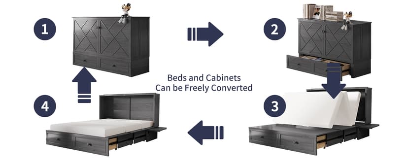 ijuicy Murphy Bed Queen with Foam Mattress, Convenient Murphy Bed Cabinet with Charging Station & Storage Board, Bed That Folds into Cabinet with Large Storage Drawer for Bedroom,Guest Room(Grey)