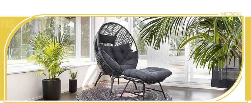 NICESOUL Wicker Egg Chair with Ottoman, Indoor Outdoor Egg Basket Lounge Chair w/Cushion, Oversized Egg Seat with Legs 440 Lbs, Comfy Cozy Boho Style Nest Chair w/Footrest for Patio, Balcony, Beige