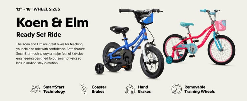 Schwinn Elm and Koen Bike or Balance Bike, 12-20 Inch Bike for Kids Ages 2-13, Black, Blue, Red, Teal, Pink or Purple, SmartStart Ergonomic Design, Adjustable Seat Grows with Child, Training Bicycle