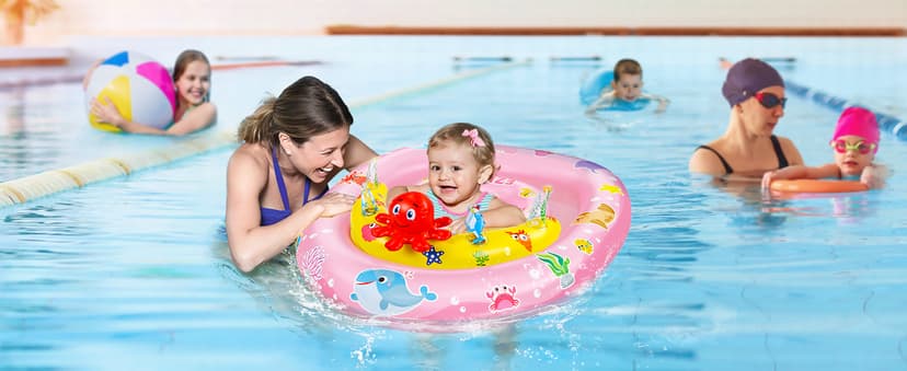 EZIGO Baby Pool Float with Canopy UPF50+ Sun Protection, Inflatable Kids Pool Floats with Ocean Animal Toys for Baby 6-36 Months, Infant Swimming Float with Adjustable Safety Seat for Boys Girls