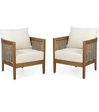 Merax 5-Piece Outdoor Acacia Wood Wicker Conversation Set with 3 Seater Sofa,Loveseat,2 Chairs and Coffetable for Backyard