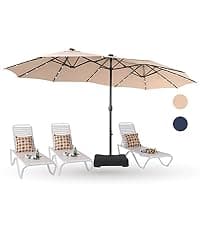 PHI VILLA 15ft Large Patio Umbrellas with Base Included, Outdoor Double-Sided Rectangle Market Umbrella with Stand, Outside Umbrellas for Poolside Lawn Backyard, Beige