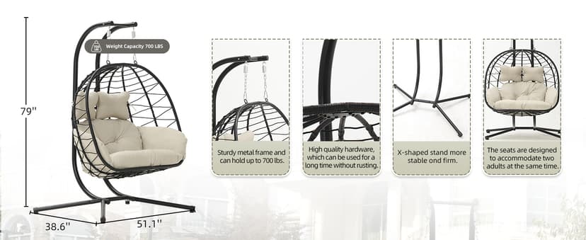 Double Egg Chair wth Stand Hammock Swing Chair Foldable Hanging Loveseat, UV Resistant Removable Cushions, 700LBS Capacity for Bedroom, Balcony, Garden(BK-BE)