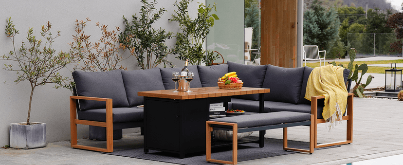 Grand patio 4-Piece Outdoor Furniture Set with Gas Fire Pit Table, Aluminum Patio Sofa Set for 8 with Faux Wood Grain Finish, Modern Patio Couch Sofa with Outdoor Bench and Chaise for Backyard