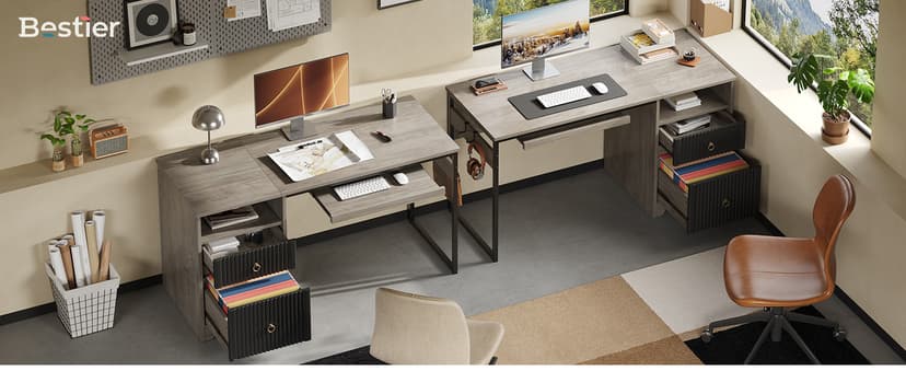 Bestier 55 Inch Computer Desk with Keyboard Tray, Modern Office Desk with Storage, Wood Writing Desk with File Drawer, Fluted Panel & 2 Hooks for Home Office & Studio, Natural Oak