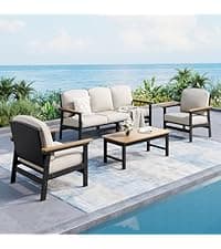 HDPE Outdoor Patio Furniture 4-Piece Set, All Weather Modern Patio Conversation Sets with Wood-grain Extended Table, Outdoor Patio Couch Set, Black Frame with Beige 4.7" Thick Cushions