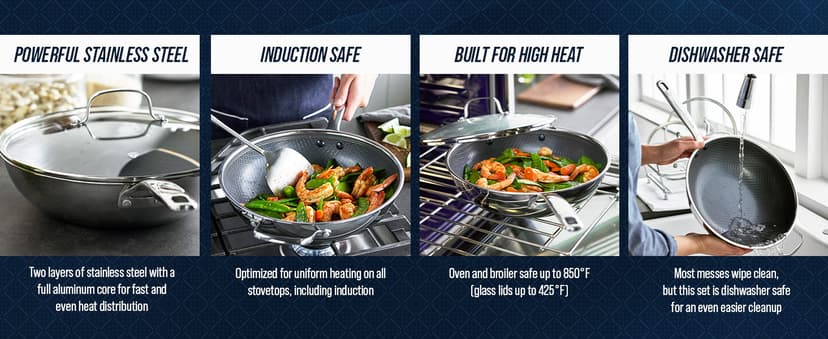 Blue Diamond Hybrid Nonstick Stainless Steel 12” Wok with Lid, PFAS-Free Ceramic Diamond Bond Stir-Fry Pan, Induction Ready, Dishwasher & Oven Safe, Metal Utensil Safe, Stay-Cool Handle, Silver