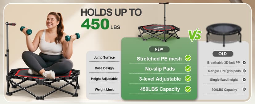42" Foldable Mini Trampoline- 450lb Capacity Fitness Rebounder w/3-Level Adjustable T-Bar, Adults Workout Trampoline, Non-Slip Pad | Foldable Design for Home/Gym
