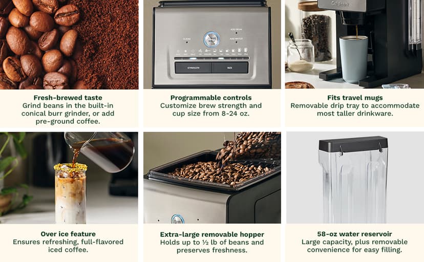 Cuisinart Coffee Maker, Custom Grind and Brew Single Cup Coffee Maker, 6 Cup Sizes, Built-in Stainless Steel Burr Mill, Adjustable Strength, Grind Control and Over Ice Feature, Easy Cleaning, DGB-30