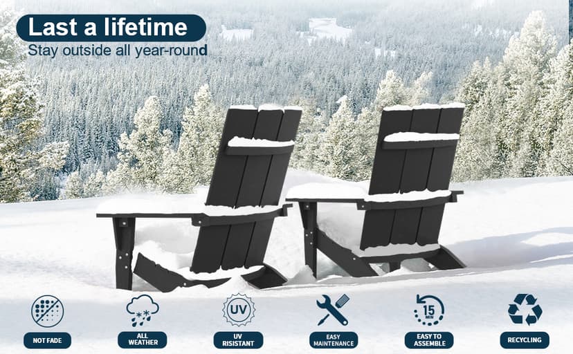 MXIMU Modern Adirondack Chairs Set of 4 Weather Resistant with Cup Holder Oversize Plastic Fire Pit Chairs Plastic Outdoor Chairs for Firepit Area Seating (Black)