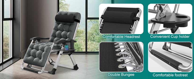 Zero Gravity Chair, Lawn Recliner, Reclining Patio Lounger Chair, Folding Portable Chaise with Detachable Soft Cushion, Cup Holder, Headrest