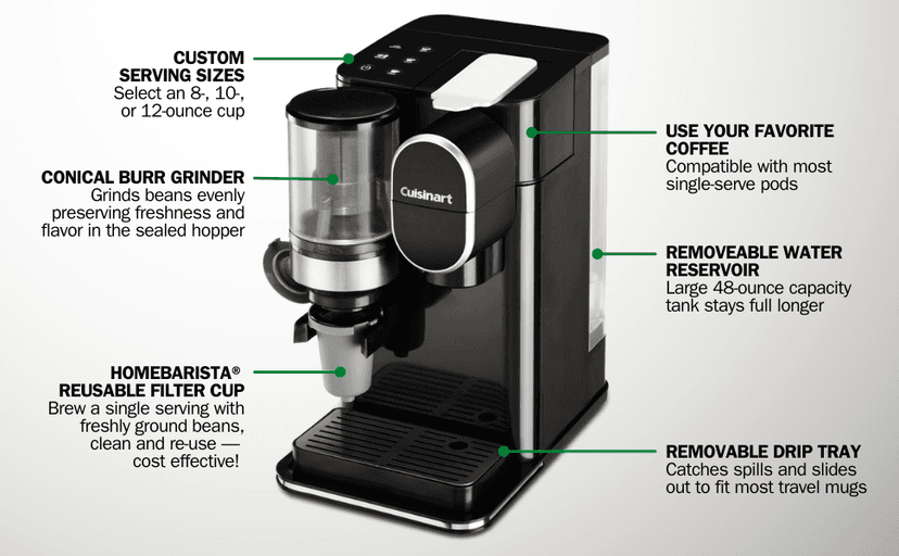 Cuisinart Single-Serve Coffee Maker + Coffee Grinder with 8 oz., 10 oz., and 12 oz. Serving Size, Compatible with Single-Cup Pods, 48-Ounce Removable Reservoir, Stainless Steel, DGB-2