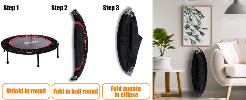 RAVS Mini Trampoline for Kids Adults 40"/48" Foldable Fitness Rebounder Kids Trampoline with 5 Levels Height Adjustable Handle Resistance Bands Indoor Workout