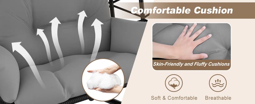 ZENPETIO Double Egg Chair with Stand, 2 Person Swing Egg Chair, Rattan Wicker Swing Chair with UV Resistant Cushion and Pillow, for Indoor Outdoor Bedroom Patio Hanging, Black