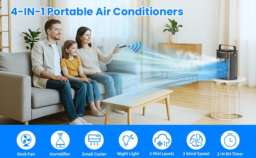 Portable Air Conditioners, Mini Air Conditioner Portable Cooling Fan with Remote Control, 3 Wind Speed & 3 Mist Level & 2-8H Timer & 7 LED Light Evaporative Air Cooler for Home Office Room, Black