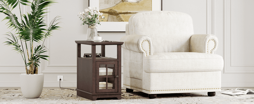 HIFYOBRO Narrow End Table with Flip Top Charging Station, Adjustable Shelf, Type-C & USB Port & Power Outlets, Side Table with Storage for Living Room/Bedroom/Home Office