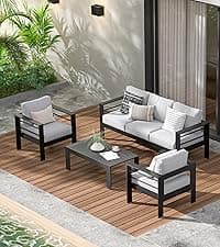 Wisteria Lane Patio Furniture Aluminum Sofa, All-Weather Outdoor 3 Seats Couch, Black Metal Chair with Light Grey Cushions
