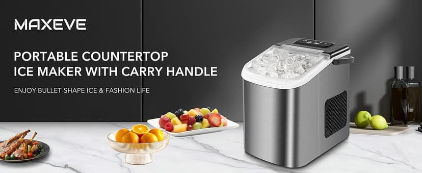 MAXEVE Ice Maker Countertop, 34LBs/24H Ice Machine, 2 Bullet Size, Fast Making 9Cubs in 5 Mins, Portable Ice Maker Machine with Self Cleaning, Ice Basket, Ice Scoop for Home/Office/Bar (Silver)
