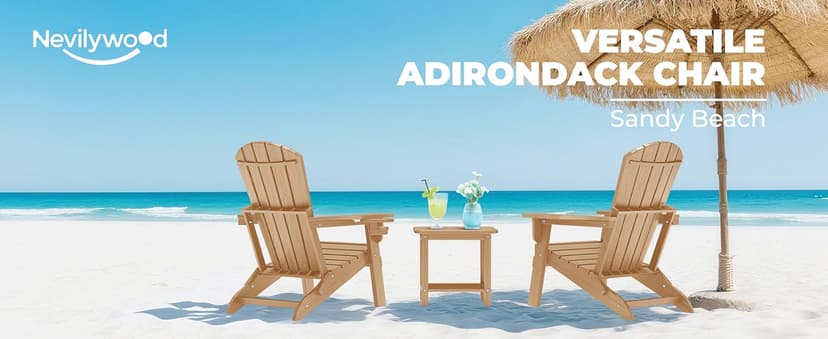 nevilywood Folding Adirondack Chair - Extended Ergonomic Backrest, Cup Holder - Easy Assembly - Durable HDPE Plastic, Weather Resistant & Maintenance-Free - Lawn, Patio, Deck Supports 400lbs Teak