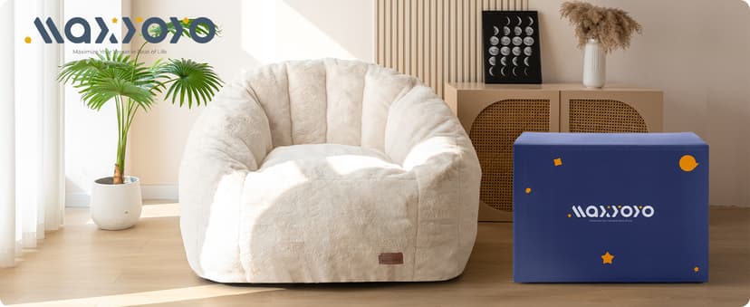 MAXYOYO Giant Bean Bag Chair, Oversized Bean Bag Couch for Adults and Kids, Faux Fur Shell-Shaped Large Chair with Filler, Stuffed Big Accent Sofa Lounge Floor Sofa for Gaming, Reading, Beige