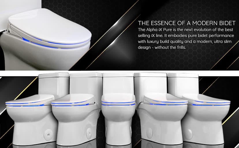 ALPHA BIDET iX Pure Bidet Toilet Seat in Elongated White | Ultra Low Profile | Endless Warm Water | Arced Stainless Steel Nozzle | Blue LED Nightlight | Dryer